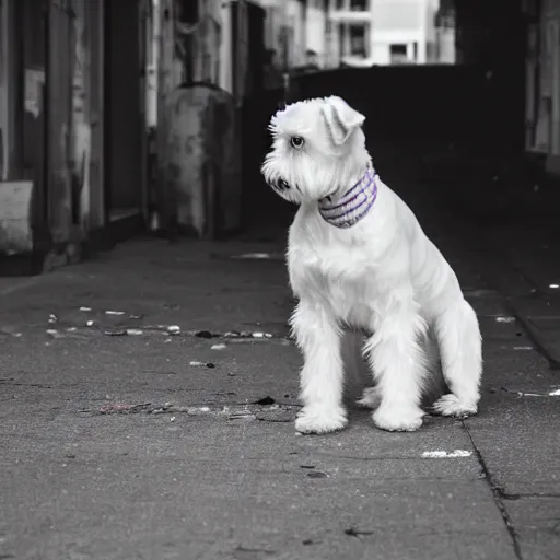 Prompt: photo of a white schnauzer dog with two open wings on his back sitting on the street of an abandoned dystopic city, hyprrealism, 5 5 mm photo