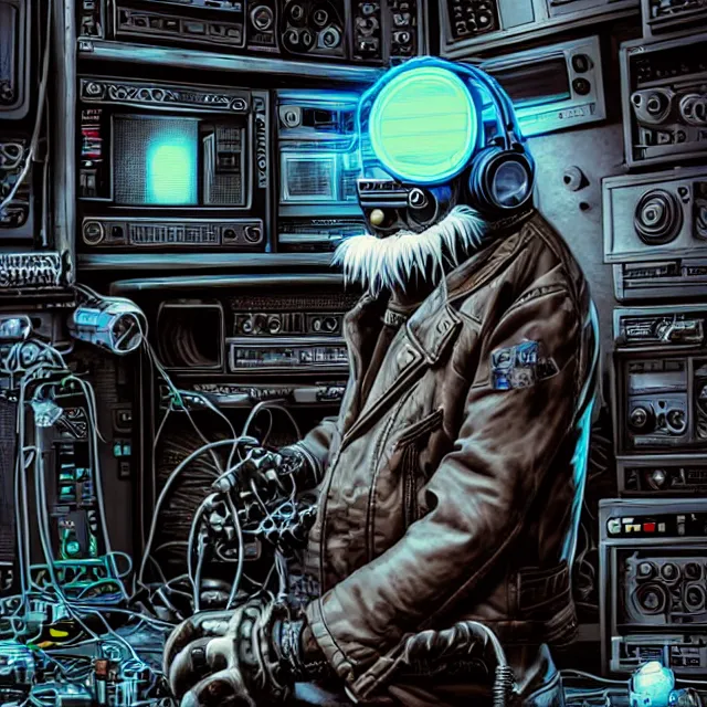 Image similar to a portrait of an anthropomorphic cyberpunk yeti in a motorcycle helmet working in his secret electronics lab, detailed render, tape deck, boombox, headphones, epic composition, cybernetics, 4 k realistic, cryengine, realistic shaded lighting, sharp focus, masterpiece, by matteo scalera, gary montalbano, peter elson in the style of the tokyo ghost comic