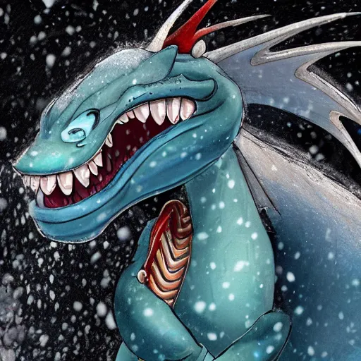 Image similar to HD, cartoon ,anthropomorphic, chubby female dragon , blue scales. playing in the snow