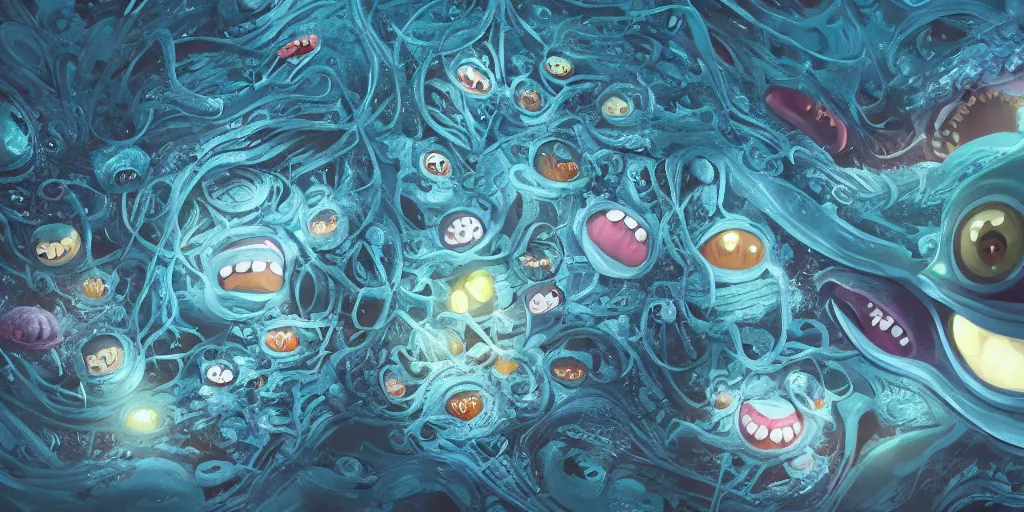 Image similar to of an intricate deep sea with strange cute friendly happy creatures with huge eyes, long tongue, round teeth and goofy funny face, appearing from the background, in the style of gehry and gaudi, macro lens, shallow depth of field, ultra detailed, digital painting, trending artstation, concept art, illustration, cinematic lighting, photorealism, epic, octane render