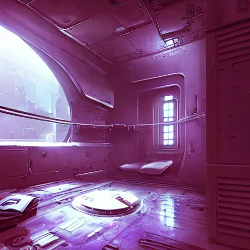 Image similar to sci fi art a prison cell in a spaceship by greg rutkowski ultrahd unrealengine volumetric lightning