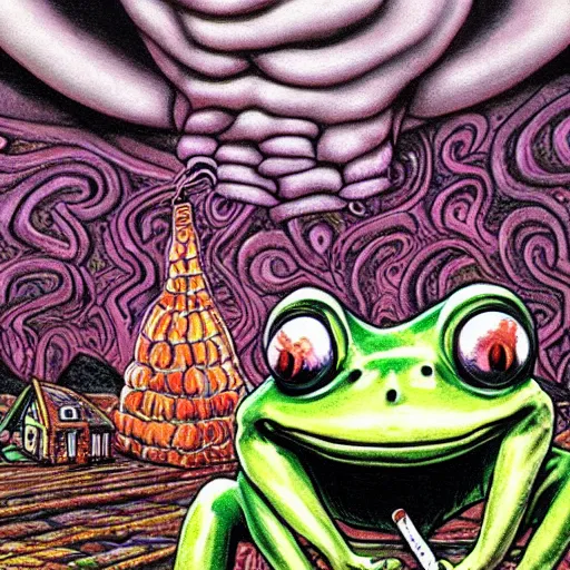 Image similar to A centered chest up portrait of a psychedelic demonic anthropomorphic frog smoking a hand-rolled cigarette smoking heavily , magic mushroom village in background . award winning. superb resolution. in the art style of junji Ito and greg rutkowski . Detailed Mushroom city in background. Hyper realistic anime. Perfect art. Dalle2