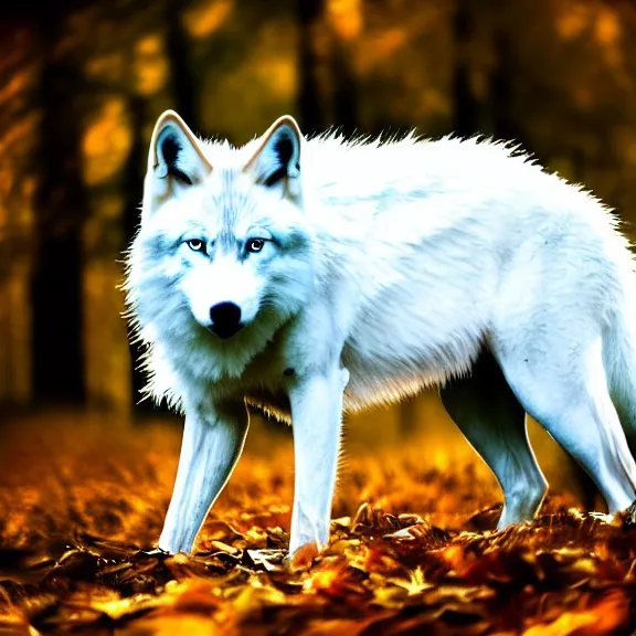 Image similar to white wolf with blue eyes stands in a dark night dormant autumn forest with magic moon in sky, no yellow color in eyes, no yellow color, realistic