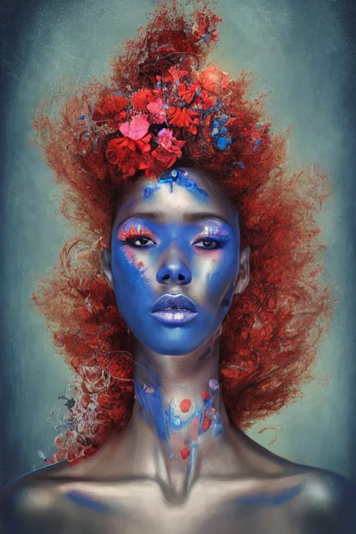 Image similar to portrait of beautiful young maiden, warhammer, afro style, more and more cyberpunk, a lot of more scars, more and more flowers, blue head, some red water, the middle ages, highly detailed, artstation, illustration, artgerm sylvari portrait, 8 k quality, art by alfred kubin