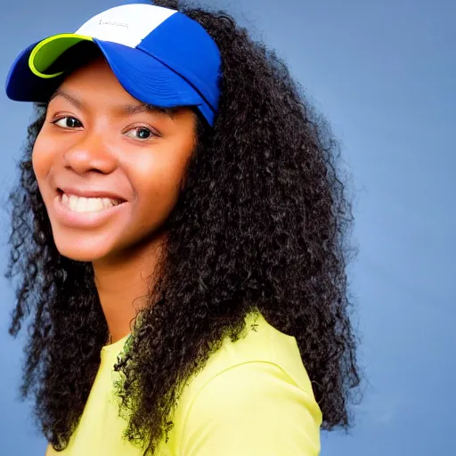 Prompt: portrait of 2 0 - year - old girl with dark skin and dark frizzy hair, wearing a tennis visor, smiling at camera, realistic photo, bright background