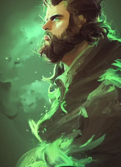 Image similar to a highly detailed illustration of young thick wavy messy haired guy wearing green face mask and brown noir coat intricate, elegant, highly detailed, centered, digital painting, artstation, concept art, smooth, sharp focus, league of legends concept art, wlop