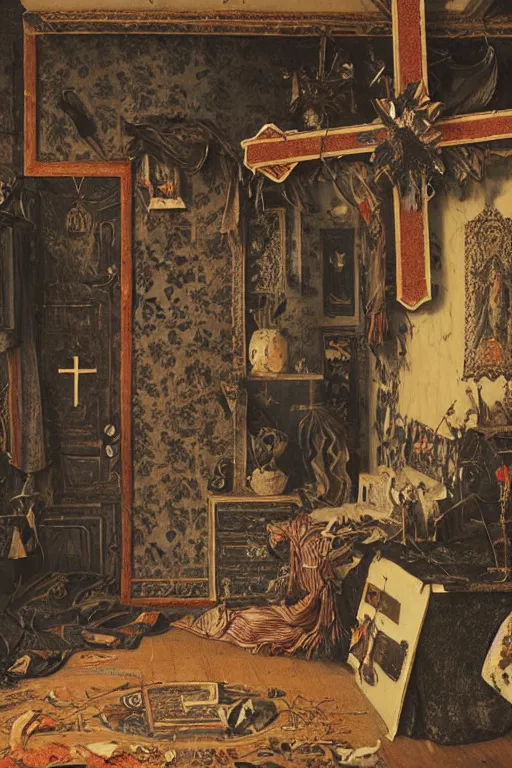 Prompt: male artist's messy, cluttered bedroom with dark black cornflower floral wallpaper pattern and a large christian cross hanging on the wall. items covering floor. catholic cross hanging on wall. realistic, highly detailed, sharp focus, volumetric lighting, full shot, wide view, unreal engine, art by vittore carpaccio