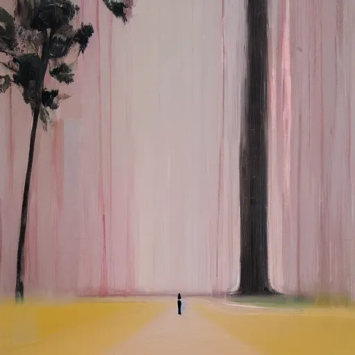 Image similar to _ in _ these _ paintings _ we _ see _ a _ big and tall _ woman in a busy void space with a tree, 8 k, realistic, in the style of ben quilty, edward hooper, minimal pink palette, medium shot, studio light, thick oil paint with brushstrokes of paint, impasto, bright, happy detailed,