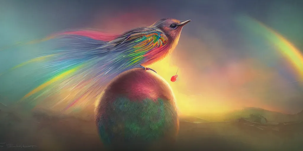 Image similar to baby bird, sunrise, pot of gold, rainbow, sci-fi, fantasy, intricate, very very beautiful, elegant, highly detailed, digital painting, artstation, concept art, smooth, sharp focus, illustration