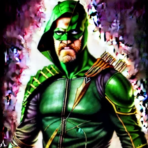 Prompt: uhd photorealistic portrait of ryan reynolds as green arrow, by amano, ayami kojima, greg rutkowski, lisa frank, mark brooks, and karol bak, masterpiece, cinematic composition, dramatic pose, studio lighting, correct face, hyperdetailed, intricate details