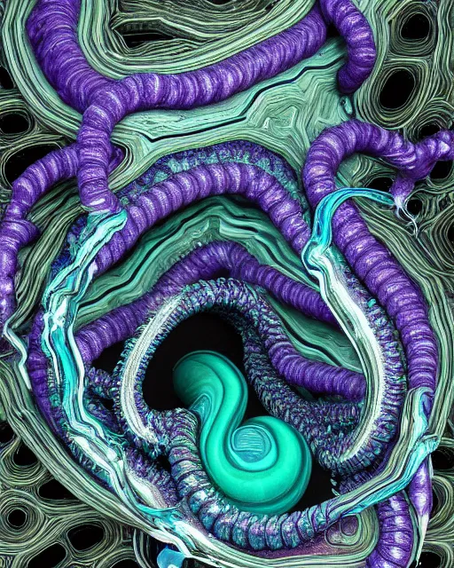 Image similar to a photo of a multi faceted blue and emerald and amethyst crystal geode formation with epic black and white smoke snake wrapped around it with liquid gold tendrils by jean pierre roy by stanisław szukalski by beeple, octane render, recursive, tendrils, tessellation, elestial crystals, geode, refracted light