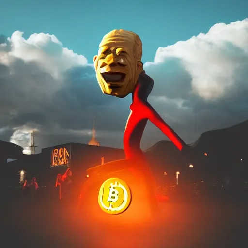 Prompt: people running away scared from a giant with bitcoin head, cinematic, 3D art, hyper-realistic, cryptocurrency, 8k