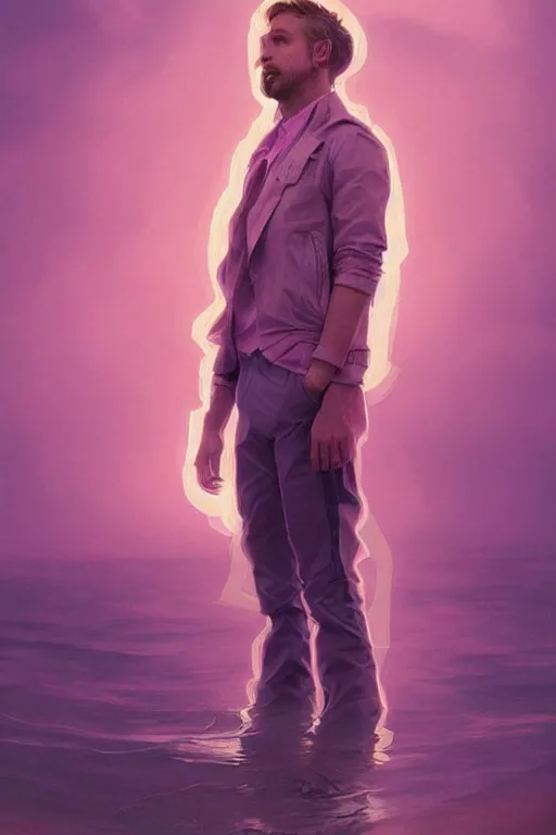 Image similar to ryan gosling robotic clothes in the beach purple sun, pink lighting ultra realistic photorealistic highly detailed high quality, a stunningly, digital painting, artstation, concept art, smooth, sharp focus, illustration, art by artgerm and greg rutkowski and alphonse mucha 8 k