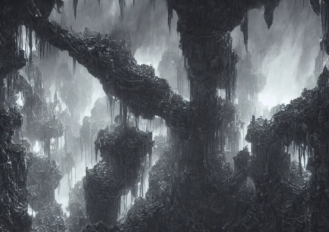 Prompt: deep cavernous mines of the dwarves, stretching down into the abyss, chains, ladders, dark, moody, illustration, artstation award, highly detailed, vast,