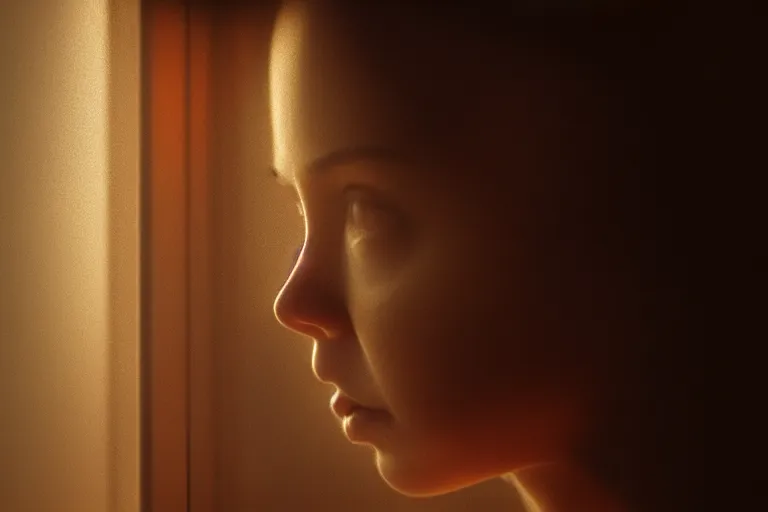 Image similar to an ultra realistic, cinematic, close up portrait, of a young woman, looking in the window, fire, dramatic, soft light, dreamy, facial features, stood in a cell, with prison clothing, detailed, deep focus, movie still, dramatic lighting, ray tracing, by michal karcz and yoshitaka