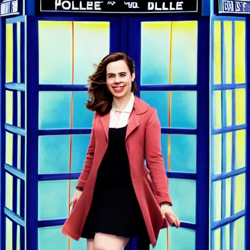 Image similar to a beautiful full body photograph of hayley atwell dressed as ( ( doctor who ) ) standing in front of the tardis, symmetrical face, extreme realism and detail, 8 k, completely framed, direct lighting, 3 5 mm photo, photorealistic, sharp focus