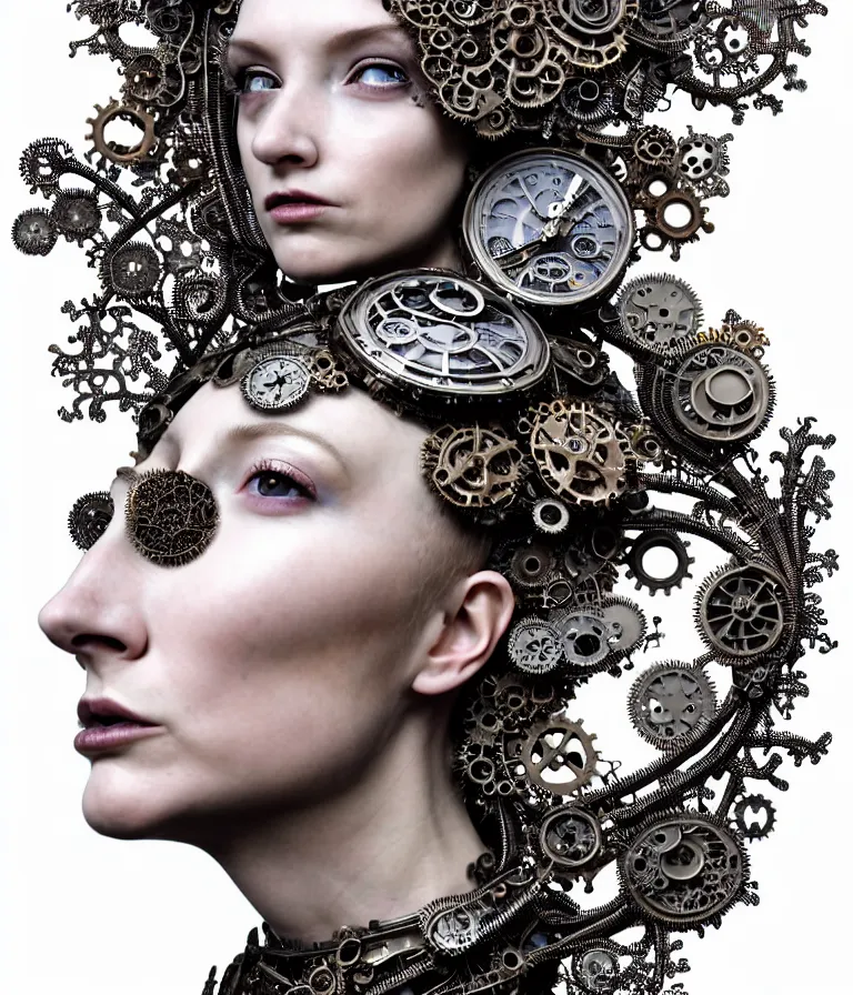 Prompt: highly detailed photo portrait of complex bio-mechanical beautiful young female stone cyborg with a Mandelbrot fractal steampunk metal fine lace face, retrofuturistic depressing hopeless horrific vibe, radiating dark energy aura, curled silver hair and a fine metal floral foliage super big lace collar by Alexander McQueen:: high fashion, haute couture, rococo, steampunk, silver filigree details, anatomical, facial muscles, cable wires, microchip, elegant, hyper realistic, 150 mm lens, soft rim light, octane render, unreal engine, volumetric lighting, 8k, muted reflective metallic coloring, sharp focus