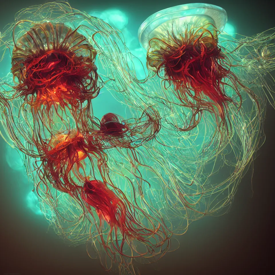 Image similar to a beautiful exquisite hyper detailed rendering of a bioluminescent jellyfish with flowing tendrils by kelogs loops and lumi and chihuily, vivid deep colors, scifi, realistic, octane render, vray render,