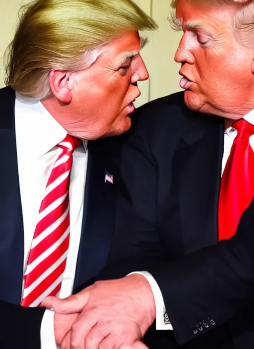 Prompt: beautiful high quality photo of donald trump kissing donald trump. hq. donald trump and donald trump kissing on the lips. two donald trumps kissing each other. donald trump kissing donald trump.