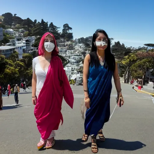 Image similar to A white woman and an East Asian woman, both wrapped in saris, walk up and down the hills of San Francisco on the arm of Indian boyfriends decked in normie tech bro outfits