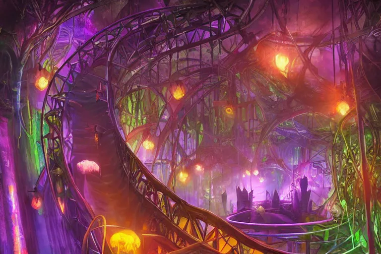 Prompt: ornated rollercoaster inside dark temple, colorful lights, botanic, by magic the gathering