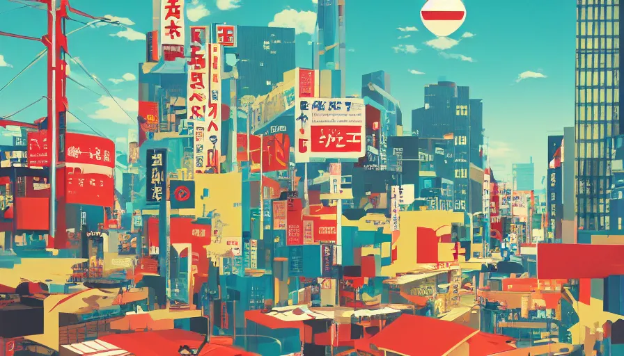 Image similar to Japan travel discoveries and sights explorations, a poster design for a contemporary graphic design exhibition, by Makoto Aida, Alex Yanes, Yoshio Awazu, octane render