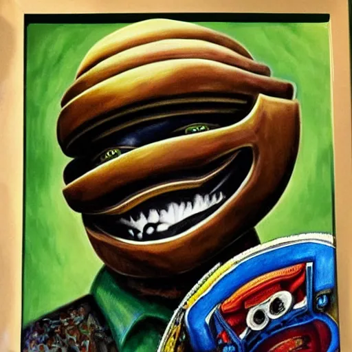 Image similar to beautiful lifelike painting of mf doom remembers his pot holders, hyperreal detailed facial features and uv lighting, art by ed roth and basil wolverton