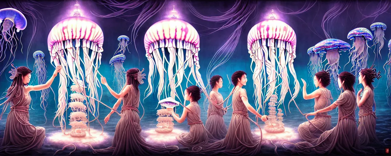 Prompt: A painting of priestesses worshipping at the jellyfish temple, shrouded in mist, jellyfish god, jellyfish priestess, jellyfish shrine maiden 8K, illustration, intricate artwork by Tooth Wu and wlop and Artgerm and dan mumford, smoke, undersea temple with fish, cinematic, insanely detailed and intricate, hypermaximalist, elegant, super detailed, award-winning, chartreuse and orange and cyan, mysterious, ancient, ritual, ethereal, trending in cgsociety, artstation HQ, ornate, elite, haunting, matte painting, beautiful detailed, insanely intricate details, artstation trending