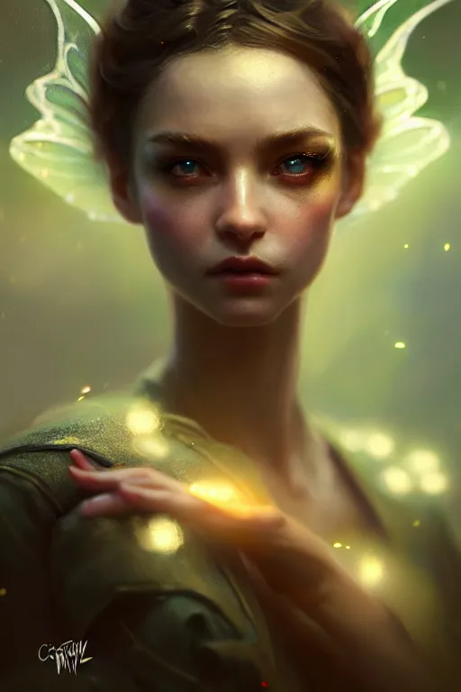 Image similar to cinematic shot of an epic portrait of a fairy dressed in military clothes, shiny skin, beautiful eyes, beautiful, small details, night setting, realistic poster with volumetric light from craig mallism, artgerm, jeremy lipkin and michael garmash, unreal engine, radiant light, detailed and complex environment, digital art, trends at art station, a masterpiece