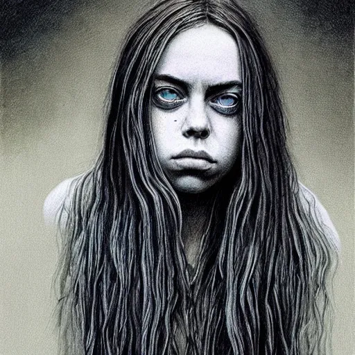 Image similar to grunge drawing of billie eilish by - Zdzisław Beksiński , pixel art style, horror themed, detailed, elegant, intricate
