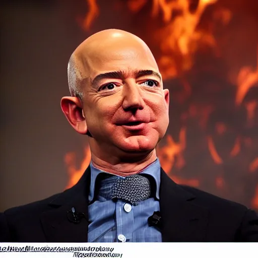 Prompt: Jeff Bezos as villain. Emperor, evil grin. Fire in the background. Detailed face. Red eyes.