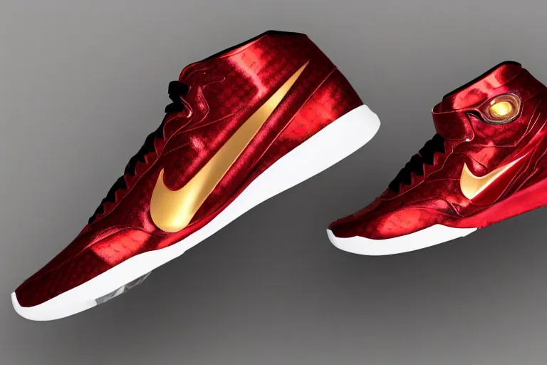 Prompt: mid product still of The New metallic red and gold Ironman Nike sneakers with glowing arc reactor swoosh and carbon fiber accents, 4k