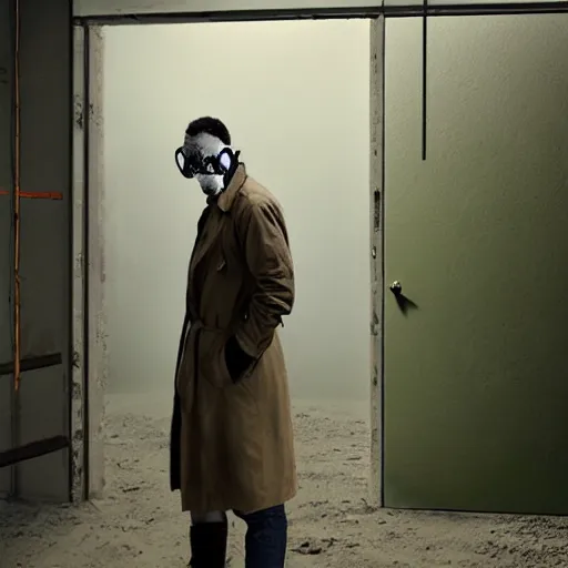 Prompt: UHD hyperrealistic photorealistic detailed image of a man in a rugged, worn trench coat wearing a gas mask, standing in front of an laboratory door, in a ruined and dark underground lab, readying himself for combat with a green/brown/gray undertone, inspired by the Stalker video game series