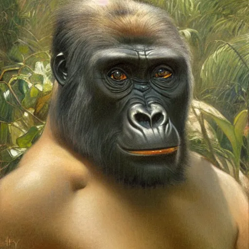 Prompt: highley detailed potrait of a gorilla, painting by gaston bussiere, craig mullins, j. c. leyendecker, lights, art by ernst haeckel, john william godward, hammershøi,