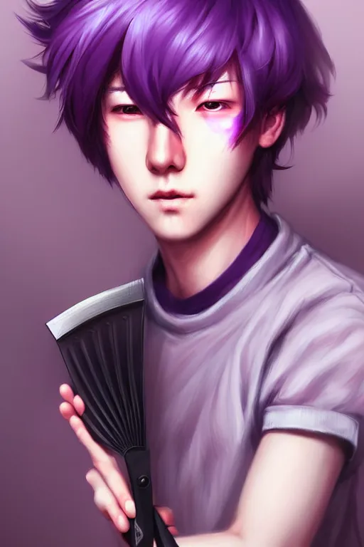 Image similar to gorgeous!!! hyper - realistic teenager boy with purple hair, purple eyes with red eye markets, wearing combat japanese clothes, holding a fan | drawn by wlop, drawn by jeehyung lee, drawn by artgerm | intricate, highly detailed, digital painting, character design, concept art, illustration, artstation