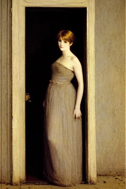 Prompt: girl under moonlight by auguste toulmouche, dark dreamy lighting, perfectly detailed eyes, beautiful hands, pale skin, blonde hair, leaning on door