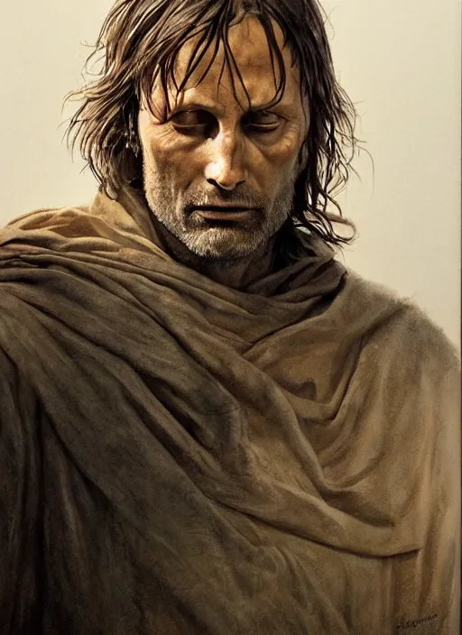 Image similar to Mads Mikkelsen as Aragorn by Alan Lee, golden hour, concept art, detailed clothing, art station, oil painting