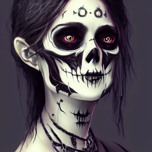 Image similar to a girl wearing a gothic outfit, skull makeup, highly detailed, digital painting, artstation, concept art, smooth, sharp focus, illustration