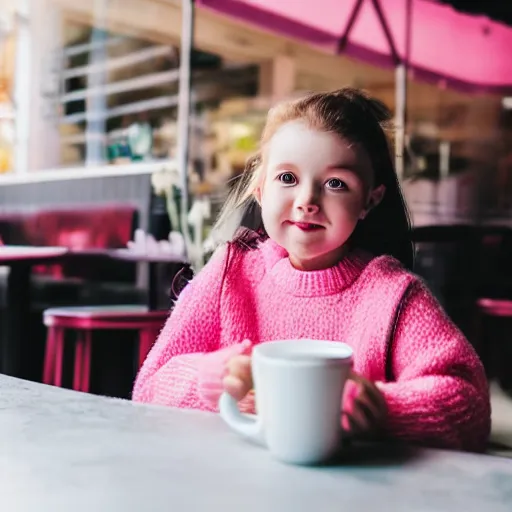 Prompt: cute girl in a pink sweater with a teddy bear sits in a cafe photo, medium shot, 8 5 mm