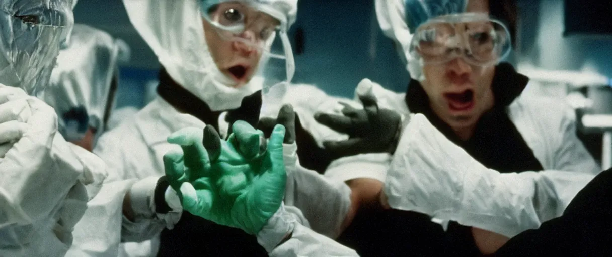 Prompt: filmic dutch angle extreme closeup movie still 4 k uhd 3 5 mm film color photograph of hands wearing surgical gloves being bitten by a dangerous re - animated alien specimen in a lab