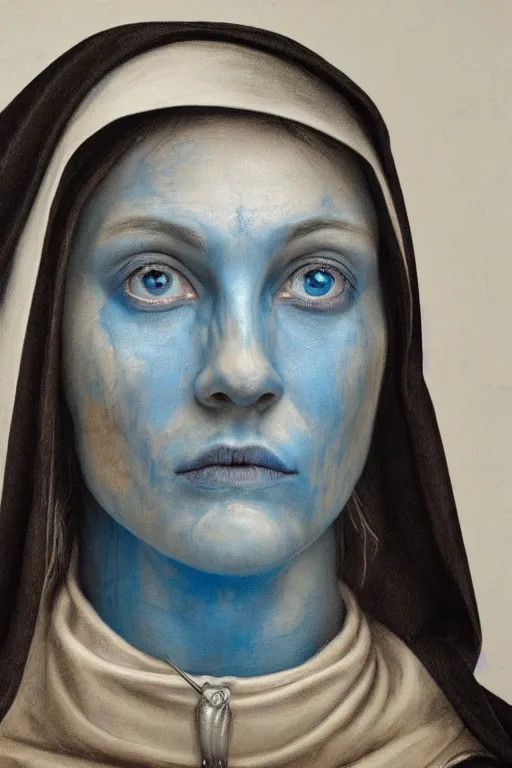 Prompt: hyperrealism close-up portrait of young beautiful nun with blue skin, rotten face, hyper detailed silver crown, in style of classicism