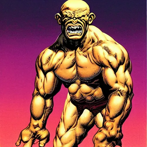 Prompt: muscular monster mutant against a solid white backdrop, [ art by richard corben ]