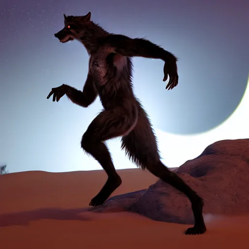 Image similar to young man transforming into a feral werewolf with a tail under the moon with black soft realistic fur, ultra detail, unreal engine, 8 k, ssao