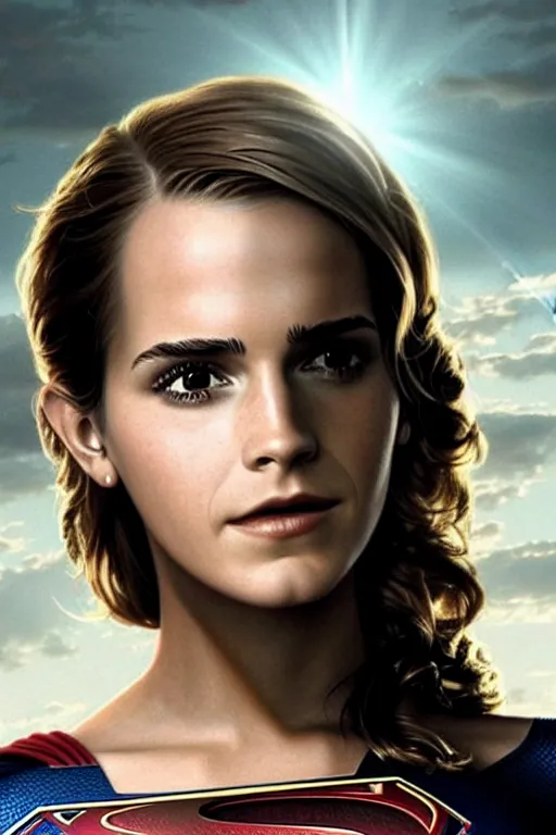 Image similar to a fancy close up of Man of Steel cast as Emma Watson by Greg Rutkowski, full body shot