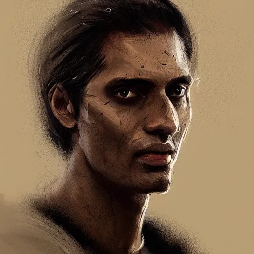 Image similar to Portrait of a man by Greg Rutkowski, he is about 30 years old, indian, cybernetic eyes implants, messy long black hair, slim and tall, he is wearing utilitarian beige black jumpsuit, highly detailed portrait, digital painting, artstation, concept art, smooth, sharp foccus ilustration, Artstation HQ.