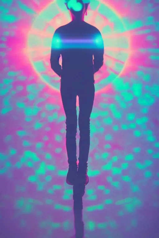 Image similar to agfa vista 4 0 0 photograph of a skinny guy floating in space, futuristic, synth vibe, vaporwave colors, lens flare, flower crown, back view, moody lighting, moody vibe, telephoto, 9 0 s vibe, blurry background, grain, tranquil, calm, faded!,