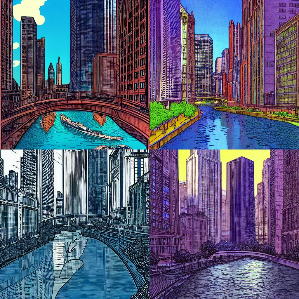 Prompt: Chicago river, illustration in the style of Moebius, highly detailed, very high quality, trending on artstation