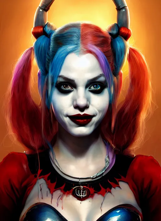 Image similar to highly detailed portrait of a beautiful harley quinn, in batman : arkham asylum, stephen bliss, 8 k, unreal engine, fantasy art by greg rutkowski, loish, rhads, ferdinand knab, makoto shinkai and lois van baarle, ilya kuvshinov, rossdraws, tom bagshaw, global illumination, radiant light, detailed and intricate environment