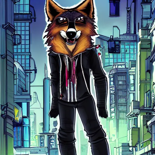 Image similar to beautiful furry art portrait digital art commission of a furry anthro wolf fursona wearing punk clothes in the streets of a cyberpunk city. character design by rick griffin, miles df