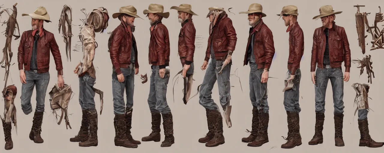 Image similar to character design, reference sheet, gaunt, 40's adventurer, unshaven, optimistic, stained dirty clothing, straw hat, riding boots, red t-shirt, dusty rown bomber leather jacket, concept art, photorealistic, hyperdetailed, 3d rendering! , art by Leyendecker! and constable,